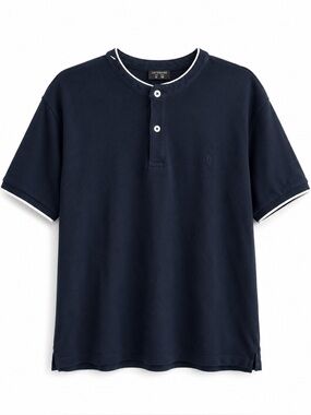Lefties Man Navy Blue Banded Collar Henley Cotton Polo Shirt M